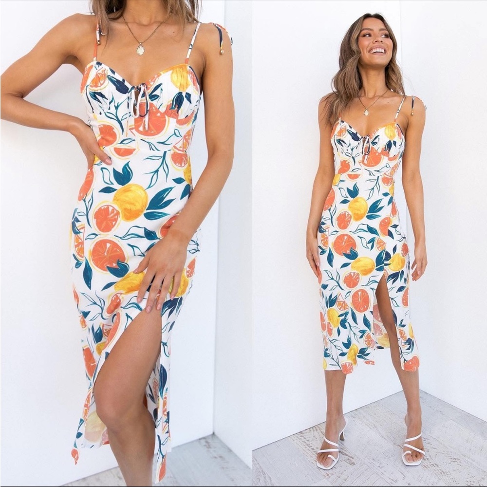 Citrus Print Midi Dress with Spaghetti Straps